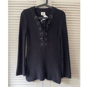 NWT Torn By Ronny Kobo Ribbed Lace Up Sweater Black Small